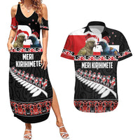 New Zealand Meri Kirihimete Couples Matching Summer Maxi Dress and Hawaiian Shirt Christmas Tui Bird and Kea Bird - Haka Santa with Maori Koru Art Pattern LT03 Black - Polynesian Pride