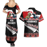 New Zealand Meri Kirihimete Couples Matching Summer Maxi Dress and Hawaiian Shirt Christmas Tui Bird and Kea Bird - Haka Santa with Maori Koru Art Pattern LT03 - Polynesian Pride