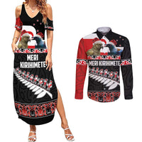 New Zealand Meri Kirihimete Couples Matching Summer Maxi Dress and Long Sleeve Button Shirt Christmas Tui Bird and Kea Bird - Haka Santa with Maori Koru Art Pattern LT03 Black - Polynesian Pride