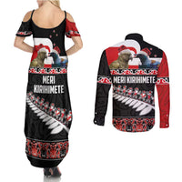 New Zealand Meri Kirihimete Couples Matching Summer Maxi Dress and Long Sleeve Button Shirt Christmas Tui Bird and Kea Bird - Haka Santa with Maori Koru Art Pattern LT03 - Polynesian Pride