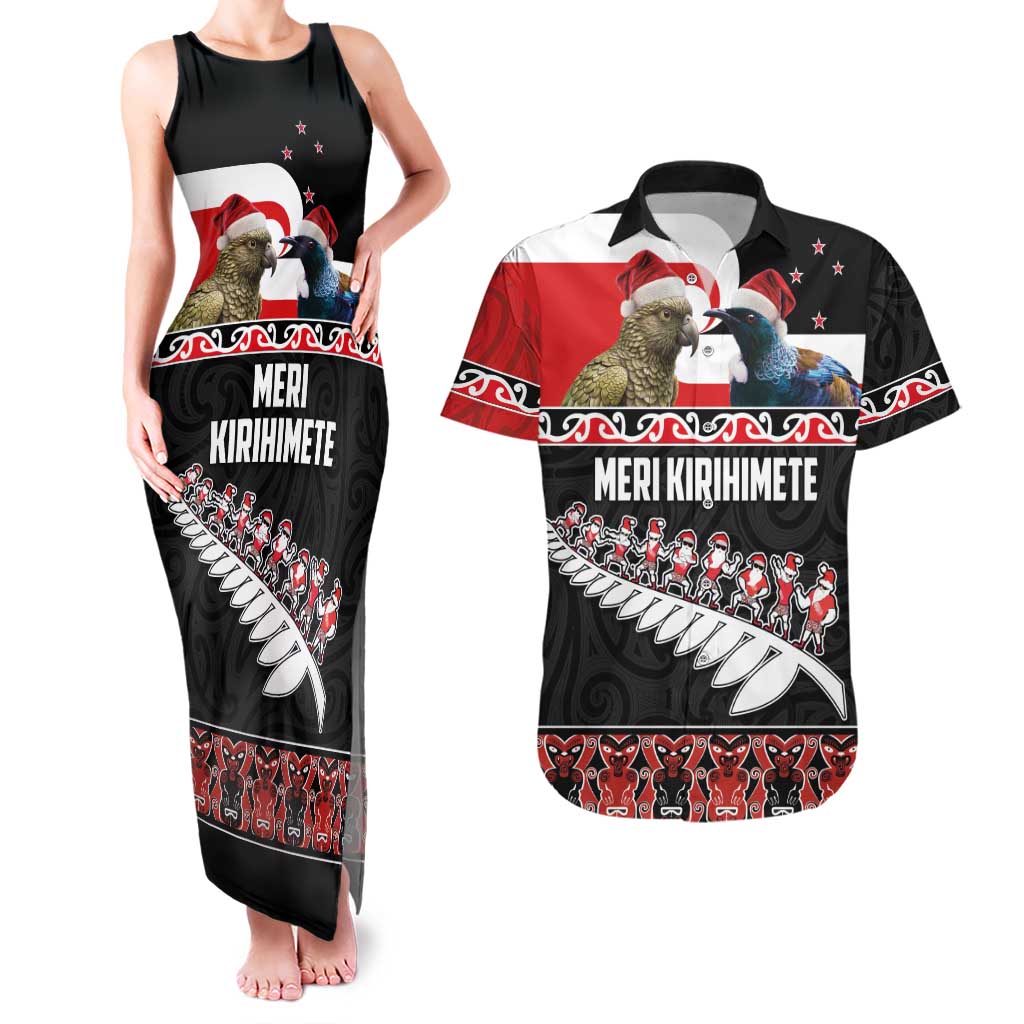 New Zealand Meri Kirihimete Couples Matching Tank Maxi Dress and Hawaiian Shirt Christmas Tui Bird and Kea Bird - Haka Santa with Maori Koru Art Pattern LT03 Black - Polynesian Pride