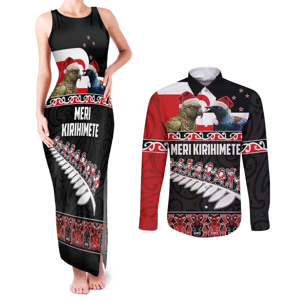 New Zealand Meri Kirihimete Couples Matching Tank Maxi Dress and Long Sleeve Button Shirt Christmas Tui Bird and Kea Bird - Haka Santa with Maori Koru Art Pattern LT03 Black - Polynesian Pride