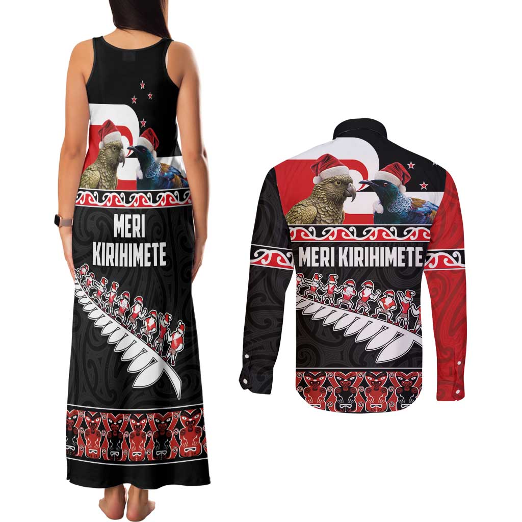New Zealand Meri Kirihimete Couples Matching Tank Maxi Dress and Long Sleeve Button Shirt Christmas Tui Bird and Kea Bird - Haka Santa with Maori Koru Art Pattern LT03 - Polynesian Pride