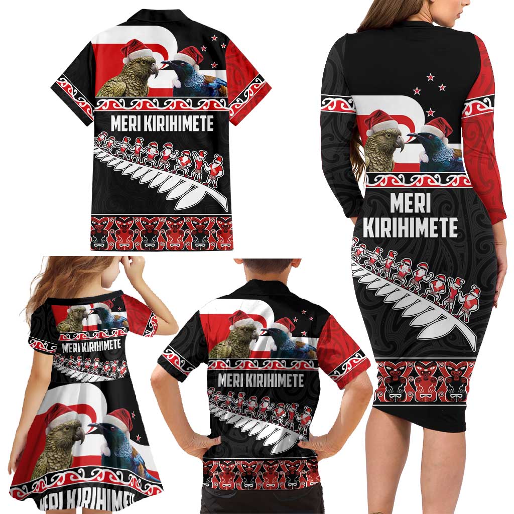 New Zealand Meri Kirihimete Family Matching Long Sleeve Bodycon Dress and Hawaiian Shirt Christmas Tui Bird and Kea Bird - Haka Santa with Maori Koru Art Pattern LT03 - Polynesian Pride