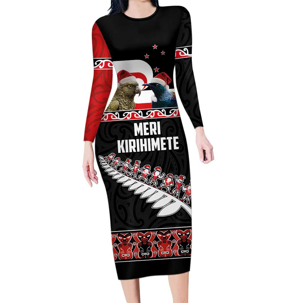 New Zealand Meri Kirihimete Family Matching Long Sleeve Bodycon Dress and Hawaiian Shirt Christmas Tui Bird and Kea Bird - Haka Santa with Maori Koru Art Pattern LT03 Mom's Dress Black - Polynesian Pride