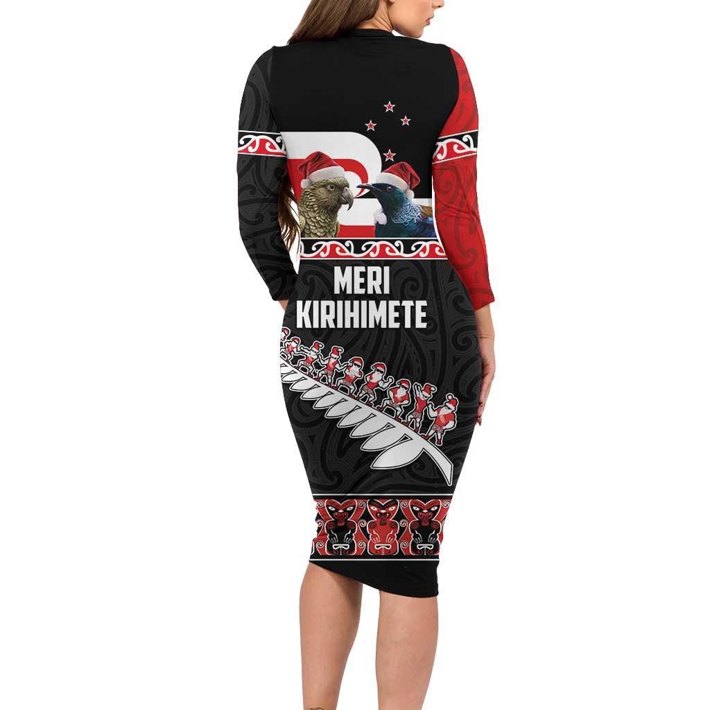New Zealand Meri Kirihimete Family Matching Long Sleeve Bodycon Dress and Hawaiian Shirt Christmas Tui Bird and Kea Bird - Haka Santa with Maori Koru Art Pattern LT03 - Polynesian Pride
