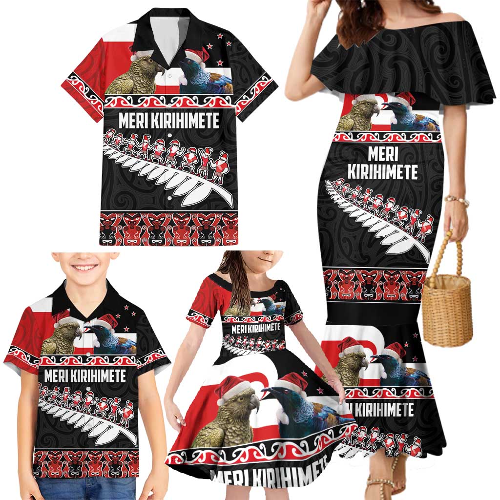 New Zealand Meri Kirihimete Family Matching Mermaid Dress and Hawaiian Shirt Christmas Tui Bird and Kea Bird - Haka Santa with Maori Koru Art Pattern LT03 - Polynesian Pride