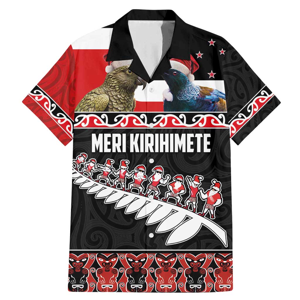 New Zealand Meri Kirihimete Family Matching Mermaid Dress and Hawaiian Shirt Christmas Tui Bird and Kea Bird - Haka Santa with Maori Koru Art Pattern LT03 Dad's Shirt - Short Sleeve Black - Polynesian Pride