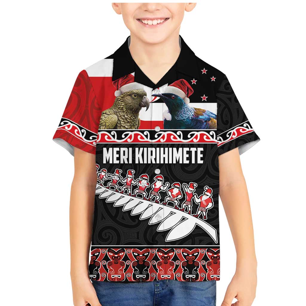 New Zealand Meri Kirihimete Family Matching Mermaid Dress and Hawaiian Shirt Christmas Tui Bird and Kea Bird - Haka Santa with Maori Koru Art Pattern LT03 Son's Shirt Black - Polynesian Pride