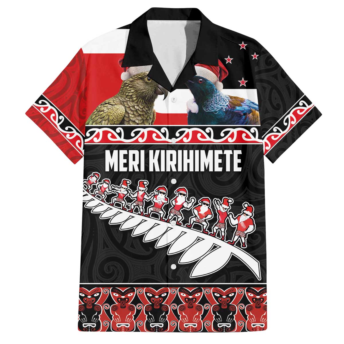 New Zealand Meri Kirihimete Family Matching Off The Shoulder Long Sleeve Dress and Hawaiian Shirt Christmas Tui Bird and Kea Bird - Haka Santa with Maori Koru Art Pattern LT03 Dad's Shirt - Short Sleeve Black - Polynesian Pride