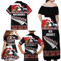 New Zealand Meri Kirihimete Family Matching Off Shoulder Maxi Dress and Hawaiian Shirt Christmas Tui Bird and Kea Bird - Haka Santa with Maori Koru Art Pattern LT03 - Polynesian Pride