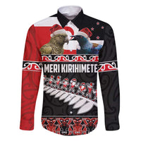 New Zealand Meri Kirihimete Family Matching Off Shoulder Maxi Dress and Hawaiian Shirt Christmas Tui Bird and Kea Bird - Haka Santa with Maori Koru Art Pattern LT03 Dad's Shirt - Long Sleeve Black - Polynesian Pride