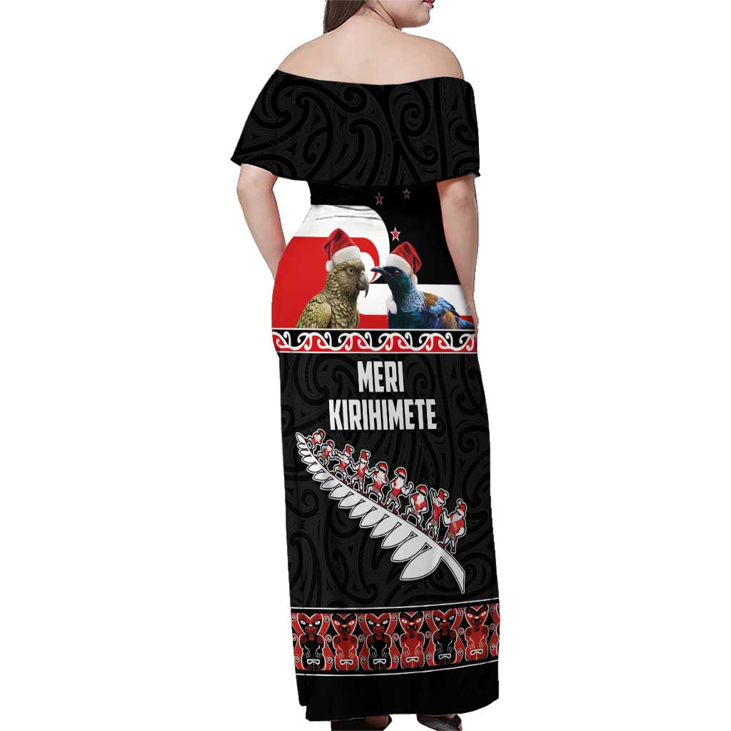 New Zealand Meri Kirihimete Family Matching Off Shoulder Maxi Dress and Hawaiian Shirt Christmas Tui Bird and Kea Bird - Haka Santa with Maori Koru Art Pattern LT03 - Polynesian Pride