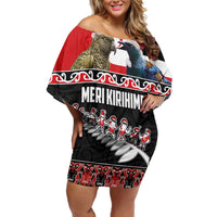 New Zealand Meri Kirihimete Family Matching Off Shoulder Short Dress and Hawaiian Shirt Christmas Tui Bird and Kea Bird - Haka Santa with Maori Koru Art Pattern LT03 Mom's Dress Black - Polynesian Pride
