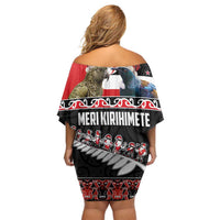 New Zealand Meri Kirihimete Family Matching Off Shoulder Short Dress and Hawaiian Shirt Christmas Tui Bird and Kea Bird - Haka Santa with Maori Koru Art Pattern LT03 - Polynesian Pride