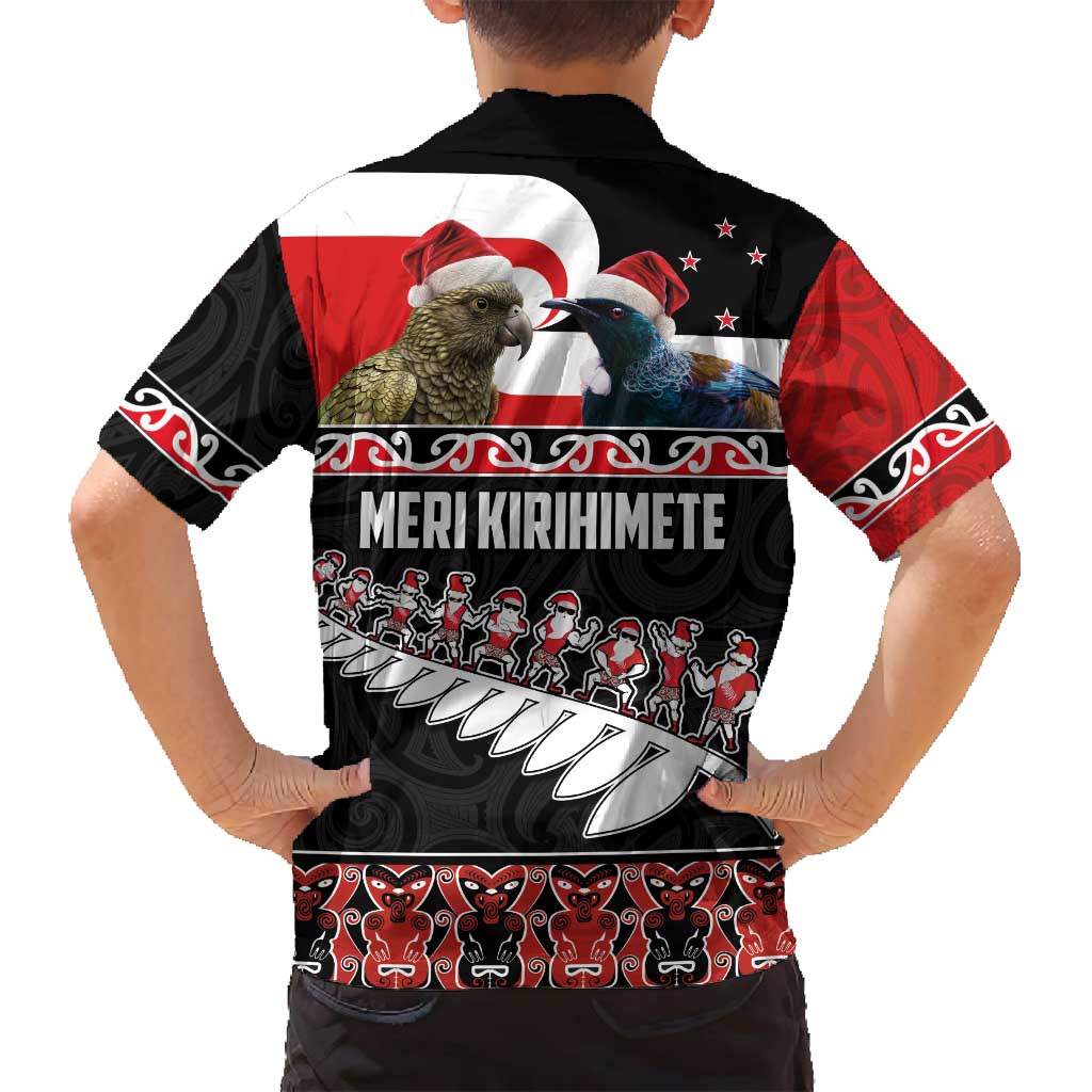 New Zealand Meri Kirihimete Family Matching Puletasi and Hawaiian Shirt Christmas Tui Bird and Kea Bird - Haka Santa with Maori Koru Art Pattern LT03 - Polynesian Pride