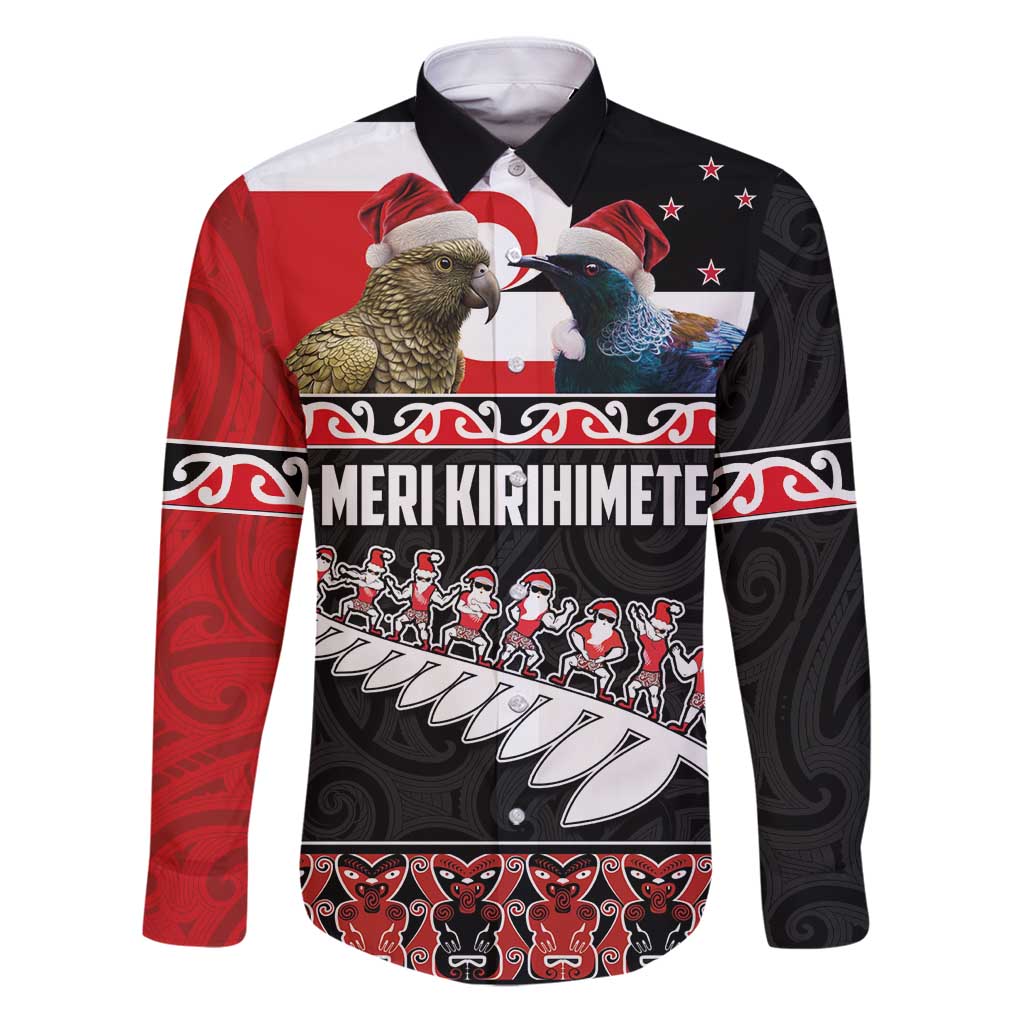 New Zealand Meri Kirihimete Family Matching Puletasi and Hawaiian Shirt Christmas Tui Bird and Kea Bird - Haka Santa with Maori Koru Art Pattern LT03 Dad's Shirt - Long Sleeve Black - Polynesian Pride