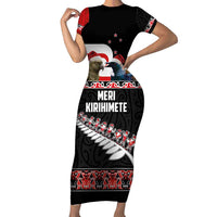 New Zealand Meri Kirihimete Family Matching Short Sleeve Bodycon Dress and Hawaiian Shirt Christmas Tui Bird and Kea Bird - Haka Santa with Maori Koru Art Pattern LT03 Mom's Dress Black - Polynesian Pride