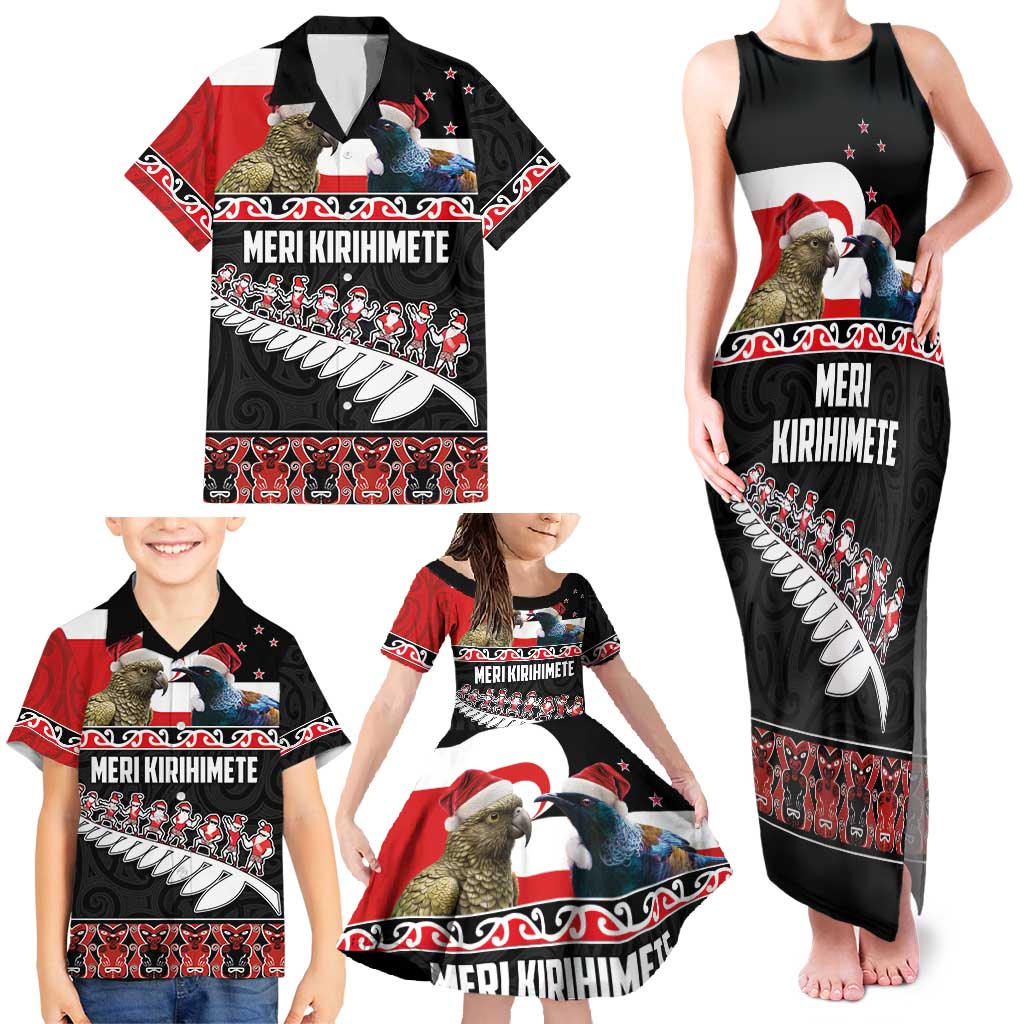 New Zealand Meri Kirihimete Family Matching Tank Maxi Dress and Hawaiian Shirt Christmas Tui Bird and Kea Bird - Haka Santa with Maori Koru Art Pattern LT03 - Polynesian Pride