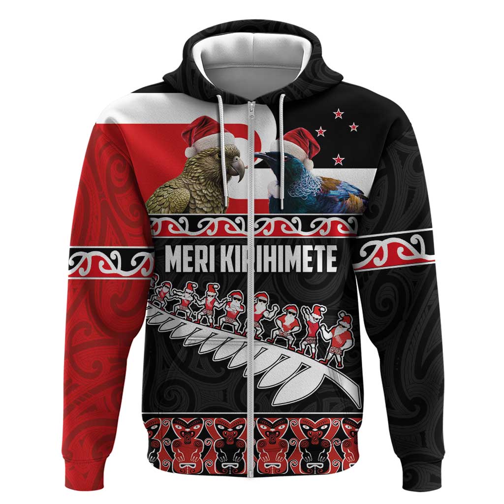 New Zealand Meri Kirihimete Hoodie Christmas Tui Bird and Kea Bird - Haka Santa with Maori Koru Art Pattern LT03 Zip Hoodie Black - Polynesian Pride