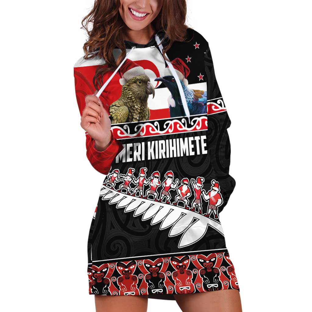 New Zealand Meri Kirihimete Hoodie Dress Christmas Tui Bird and Kea Bird - Haka Santa with Maori Koru Art Pattern LT03 Black - Polynesian Pride