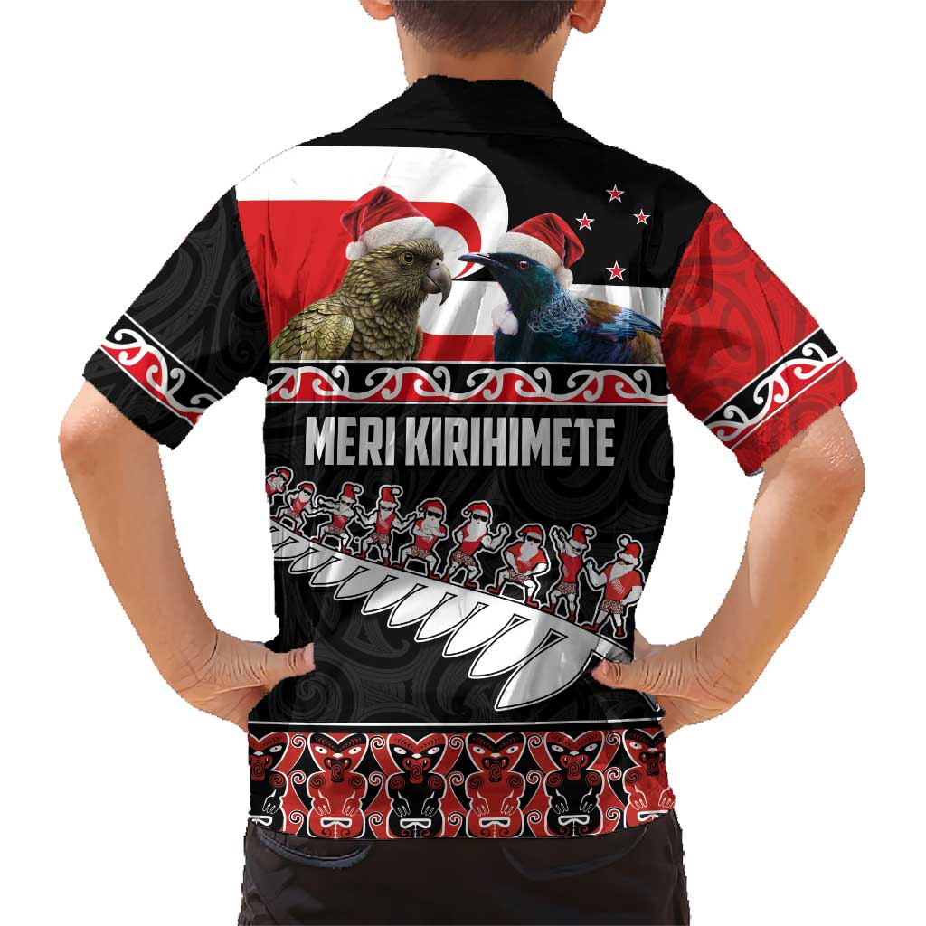 New Zealand Meri Kirihimete Kid Hawaiian Shirt Christmas Tui Bird and Kea Bird - Haka Santa with Maori Koru Art Pattern LT03 - Polynesian Pride