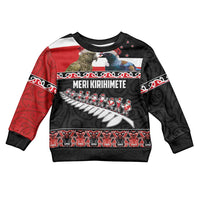 New Zealand Meri Kirihimete Kid Ugly Christmas Sweater Christmas Tui Bird and Kea Bird - Haka Santa with Maori Koru Art Pattern LT03 Kid Black - Polynesian Pride