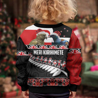 New Zealand Meri Kirihimete Kid Ugly Christmas Sweater Christmas Tui Bird and Kea Bird - Haka Santa with Maori Koru Art Pattern LT03 - Polynesian Pride
