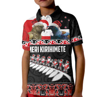 New Zealand Meri Kirihimete Kid Polo Shirt Christmas Tui Bird and Kea Bird - Haka Santa with Maori Koru Art Pattern LT03 Kid Black - Polynesian Pride