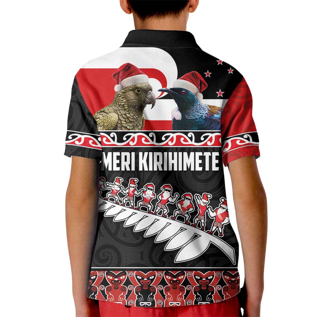 New Zealand Meri Kirihimete Kid Polo Shirt Christmas Tui Bird and Kea Bird - Haka Santa with Maori Koru Art Pattern LT03 - Polynesian Pride