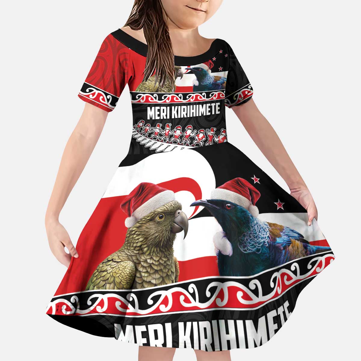 New Zealand Meri Kirihimete Kid Short Sleeve Dress Christmas Tui Bird and Kea Bird - Haka Santa with Maori Koru Art Pattern LT03 KID Black - Polynesian Pride