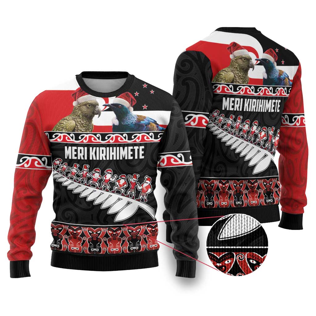 New Zealand Meri Kirihimete Ugly Christmas Sweater Christmas Tui Bird and Kea Bird - Haka Santa with Maori Koru Art Pattern LT03 Black - Polynesian Pride