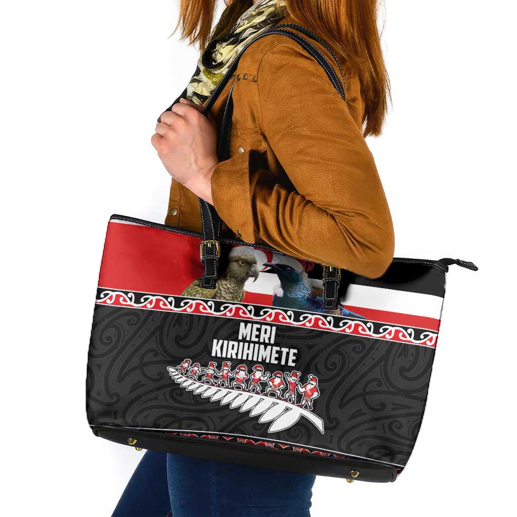 New Zealand Meri Kirihimete Leather Tote Bag Christmas Tui Bird and Kea Bird - Haka Santa with Maori Koru Art Pattern LT03 Black - Polynesian Pride