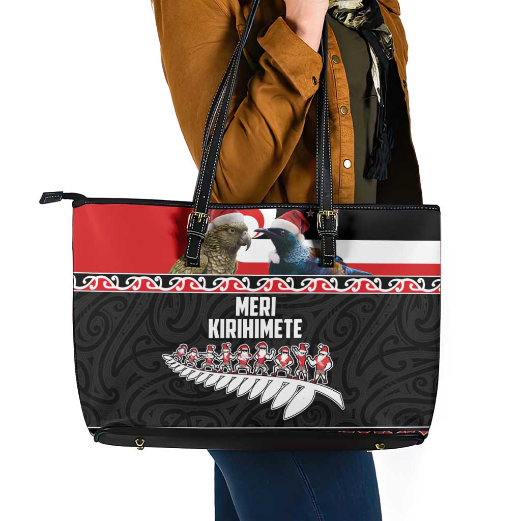 New Zealand Meri Kirihimete Leather Tote Bag Christmas Tui Bird and Kea Bird - Haka Santa with Maori Koru Art Pattern LT03 - Polynesian Pride