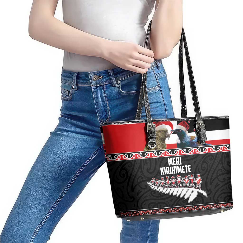 New Zealand Meri Kirihimete Leather Tote Bag Christmas Tui Bird and Kea Bird - Haka Santa with Maori Koru Art Pattern LT03 - Polynesian Pride