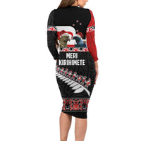 New Zealand Meri Kirihimete Long Sleeve Bodycon Dress Christmas Tui Bird and Kea Bird - Haka Santa with Maori Koru Art Pattern LT03 - Polynesian Pride