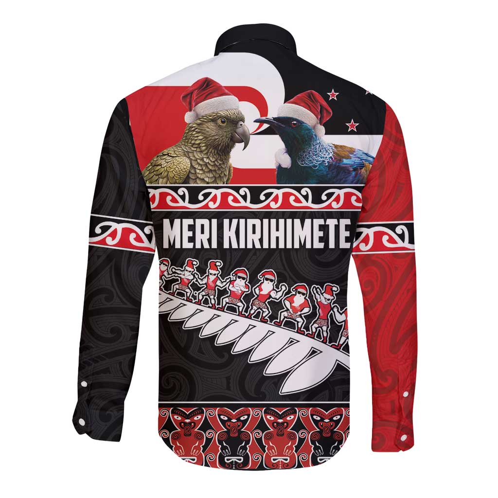 New Zealand Meri Kirihimete Long Sleeve Button Shirt Christmas Tui Bird and Kea Bird - Haka Santa with Maori Koru Art Pattern LT03 - Polynesian Pride