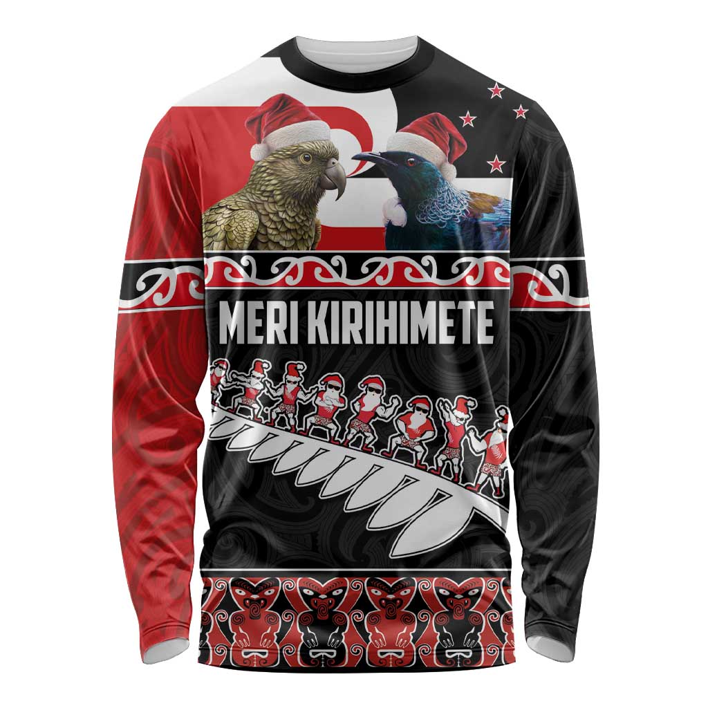 New Zealand Meri Kirihimete Long Sleeve Shirt Christmas Tui Bird and Kea Bird - Haka Santa with Maori Koru Art Pattern LT03 Unisex Black - Polynesian Pride
