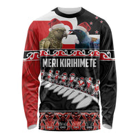 New Zealand Meri Kirihimete Long Sleeve Shirt Christmas Tui Bird and Kea Bird - Haka Santa with Maori Koru Art Pattern LT03 Unisex Black - Polynesian Pride