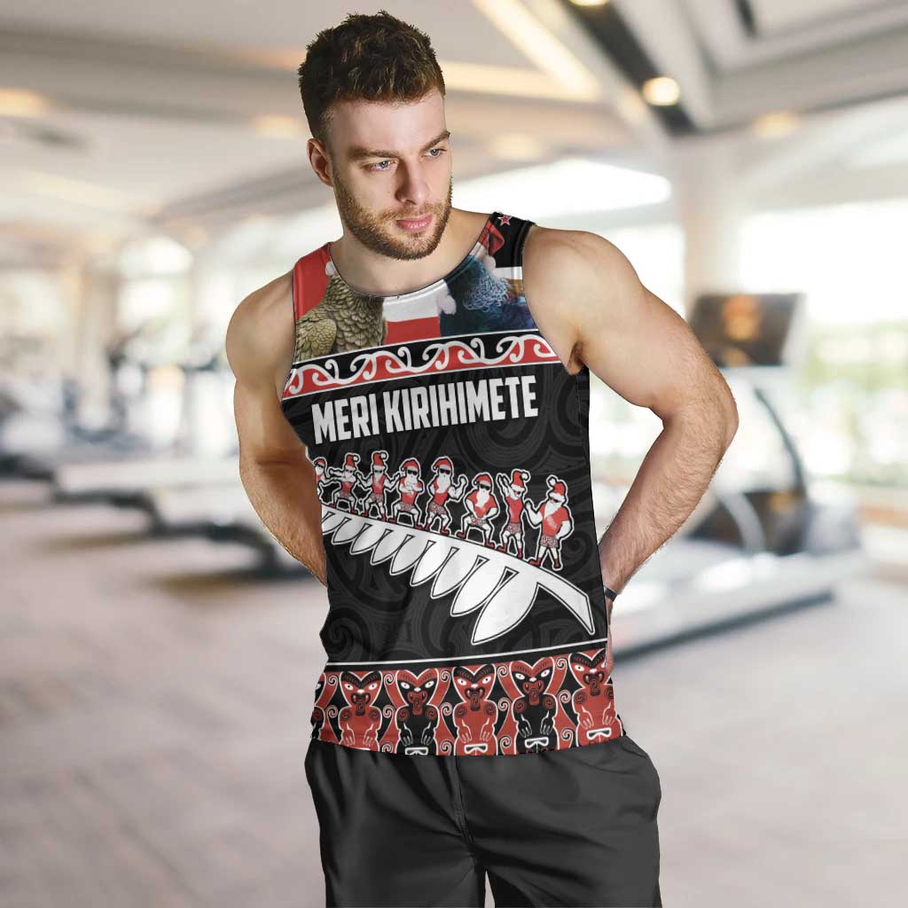 New Zealand Meri Kirihimete Men Tank Top Christmas Tui Bird and Kea Bird - Haka Santa with Maori Koru Art Pattern LT03 Black - Polynesian Pride