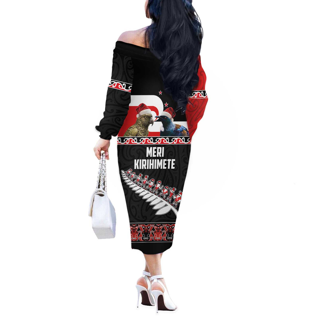 New Zealand Meri Kirihimete Off The Shoulder Long Sleeve Dress Christmas Tui Bird and Kea Bird - Haka Santa with Maori Koru Art Pattern LT03 - Polynesian Pride