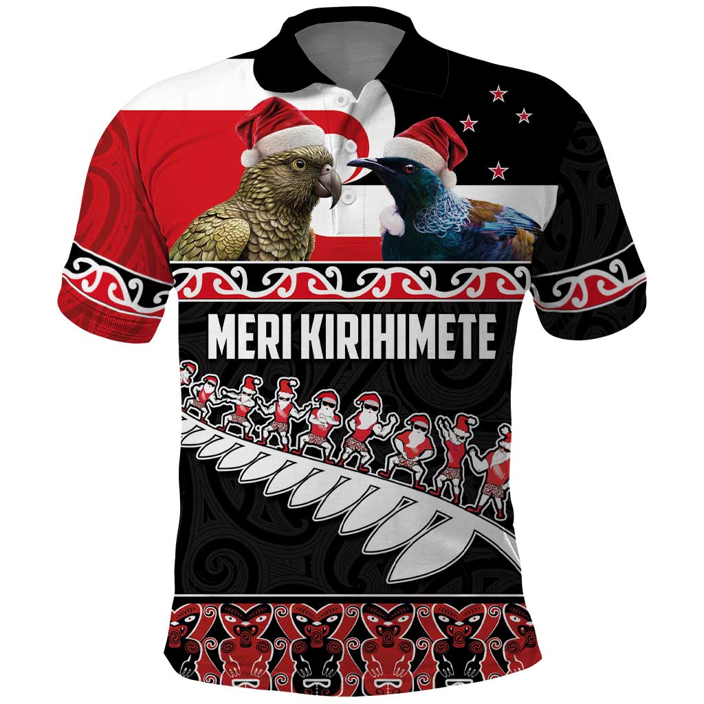 New Zealand Meri Kirihimete Polo Shirt Christmas Tui Bird and Kea Bird - Haka Santa with Maori Koru Art Pattern LT03 Black - Polynesian Pride