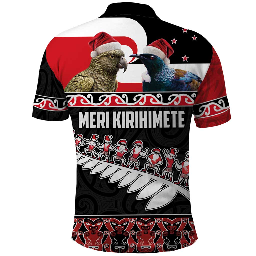 New Zealand Meri Kirihimete Polo Shirt Christmas Tui Bird and Kea Bird - Haka Santa with Maori Koru Art Pattern LT03 - Polynesian Pride