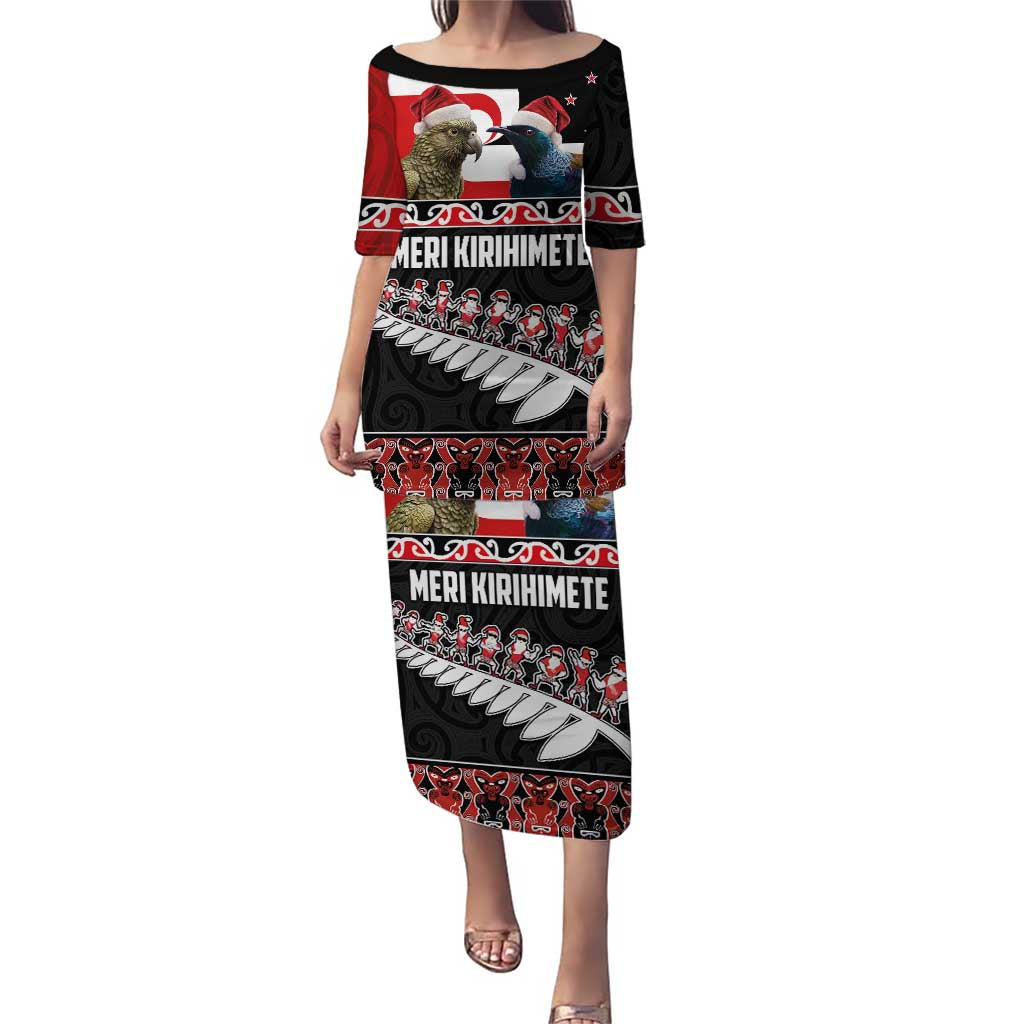 New Zealand Meri Kirihimete Puletasi Christmas Tui Bird and Kea Bird - Haka Santa with Maori Koru Art Pattern LT03 Long Dress Black - Polynesian Pride