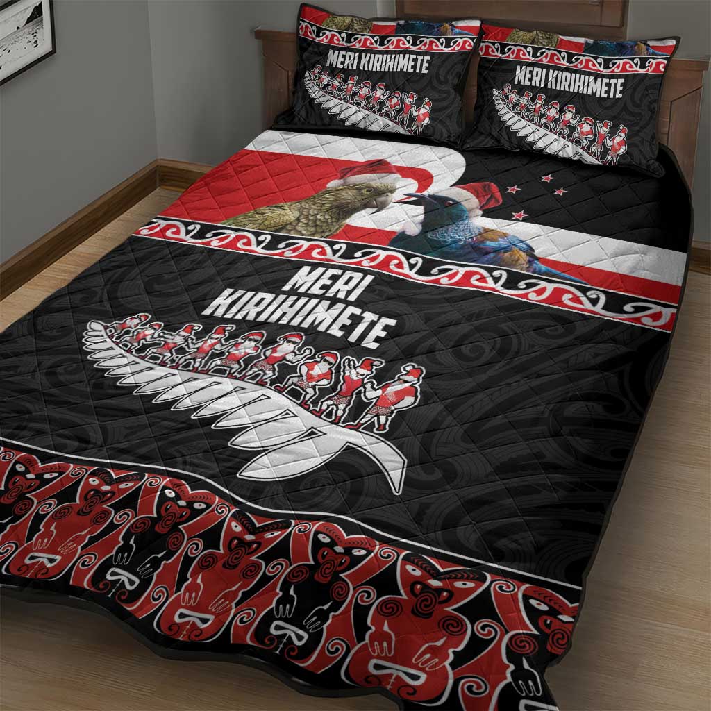 New Zealand Meri Kirihimete Quilt Bed Set Christmas Tui Bird and Kea Bird - Haka Santa with Maori Koru Art Pattern LT03 - Polynesian Pride