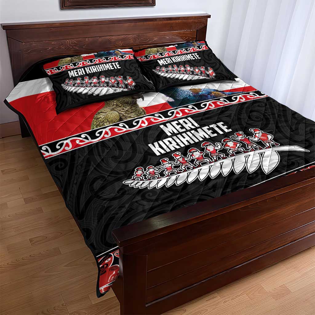 New Zealand Meri Kirihimete Quilt Bed Set Christmas Tui Bird and Kea Bird - Haka Santa with Maori Koru Art Pattern LT03 - Polynesian Pride
