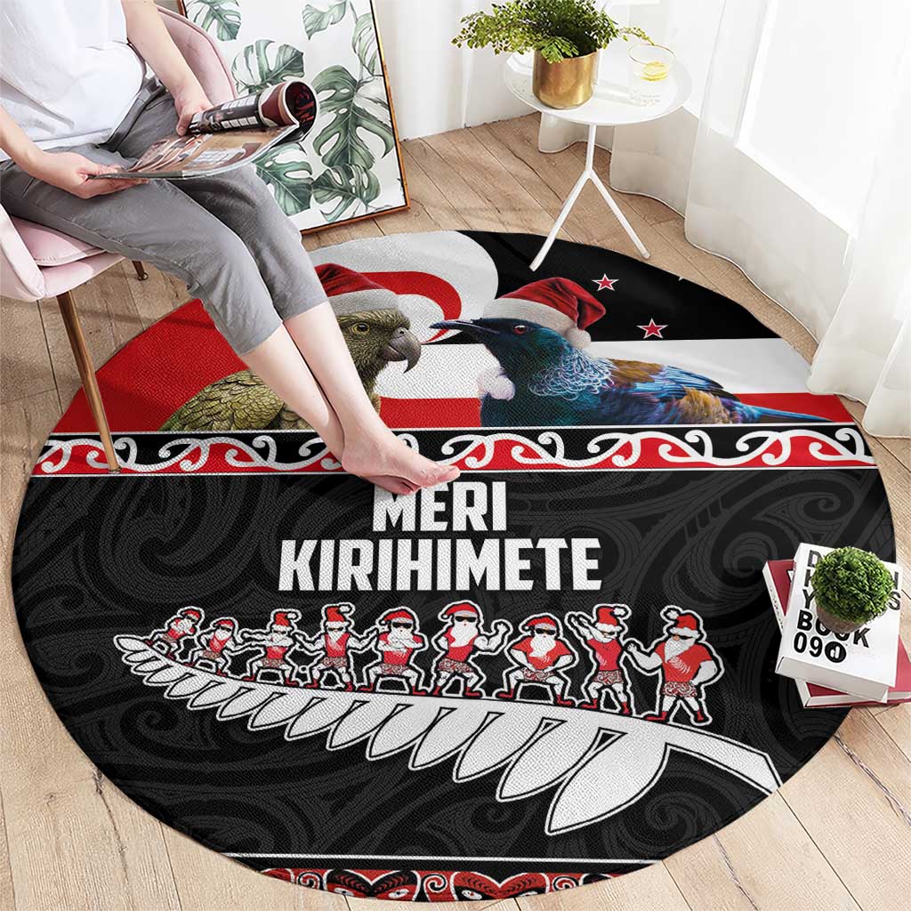 New Zealand Meri Kirihimete Round Carpet Christmas Tui Bird and Kea Bird - Haka Santa with Maori Koru Art Pattern LT03 - Polynesian Pride