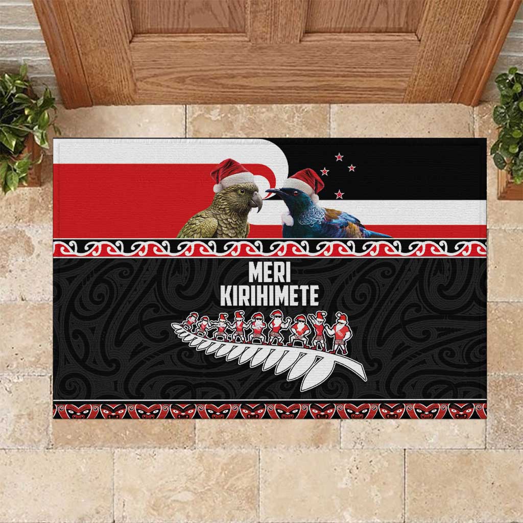 New Zealand Meri Kirihimete Rubber Doormat Christmas Tui Bird and Kea Bird - Haka Santa with Maori Koru Art Pattern LT03 Black - Polynesian Pride