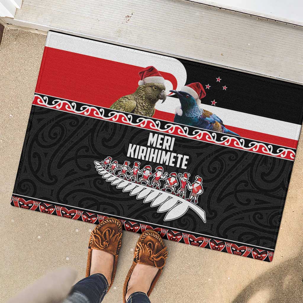 New Zealand Meri Kirihimete Rubber Doormat Christmas Tui Bird and Kea Bird - Haka Santa with Maori Koru Art Pattern LT03 - Polynesian Pride