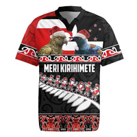 New Zealand Meri Kirihimete Rugby Jersey Christmas Tui Bird and Kea Bird - Haka Santa with Maori Koru Art Pattern LT03 Black - Polynesian Pride